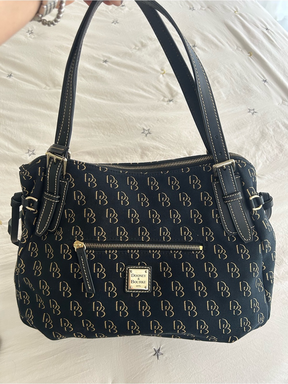 Dooney & Bourke Black Logo Jacquard Shoulder Bag with Gold Hardware